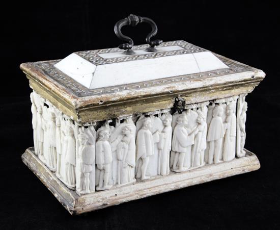 A Venetian bone and intarsia inlaid casket, 15th century, length 7.5in., height 6.25in. with handle, possible later alterations